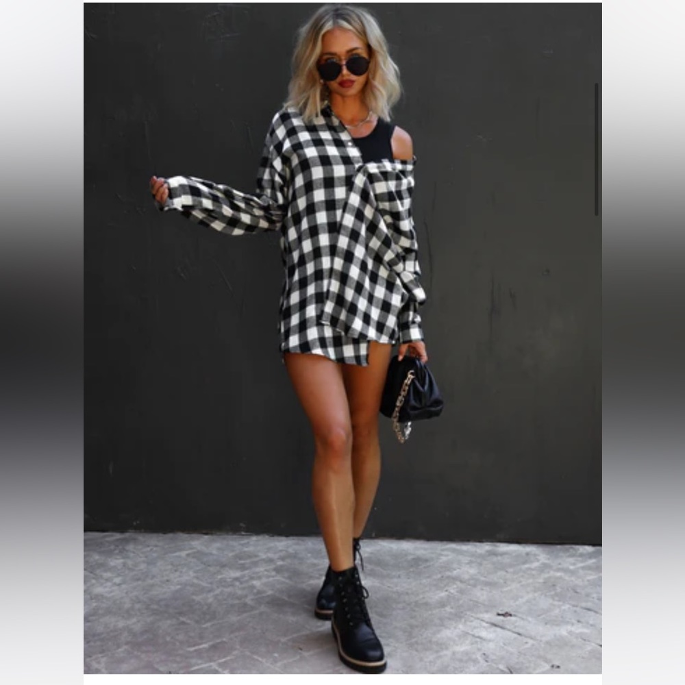 VICI Check Yourself Plaid Off the Shoulder Tunic Dress Size XL.